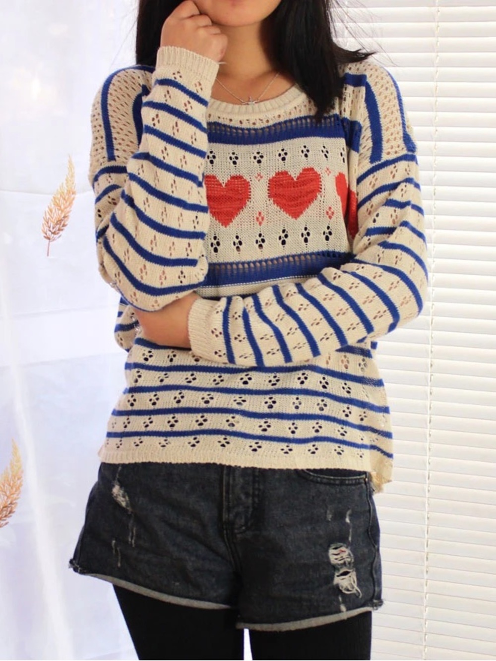 Casual Heart Stripe Knit Sweater Cream & Blue